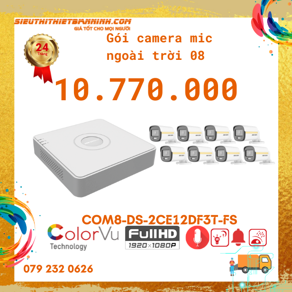 Combo trọn bộ camera ColorVu có màu 24/7 sử dụng DS-2CE12DF3T-FS cho gia đình và cửa hàng