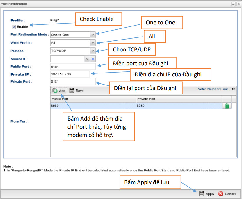 HƯỚNG DẪN MỞ PORT (NAT) TRÊN MODEM ĐỂ XEM ĐẦU GHI HÌNH KBVISION TỪ XA BẰNG TÊN MIỀN DDNS KBVISION.TV 